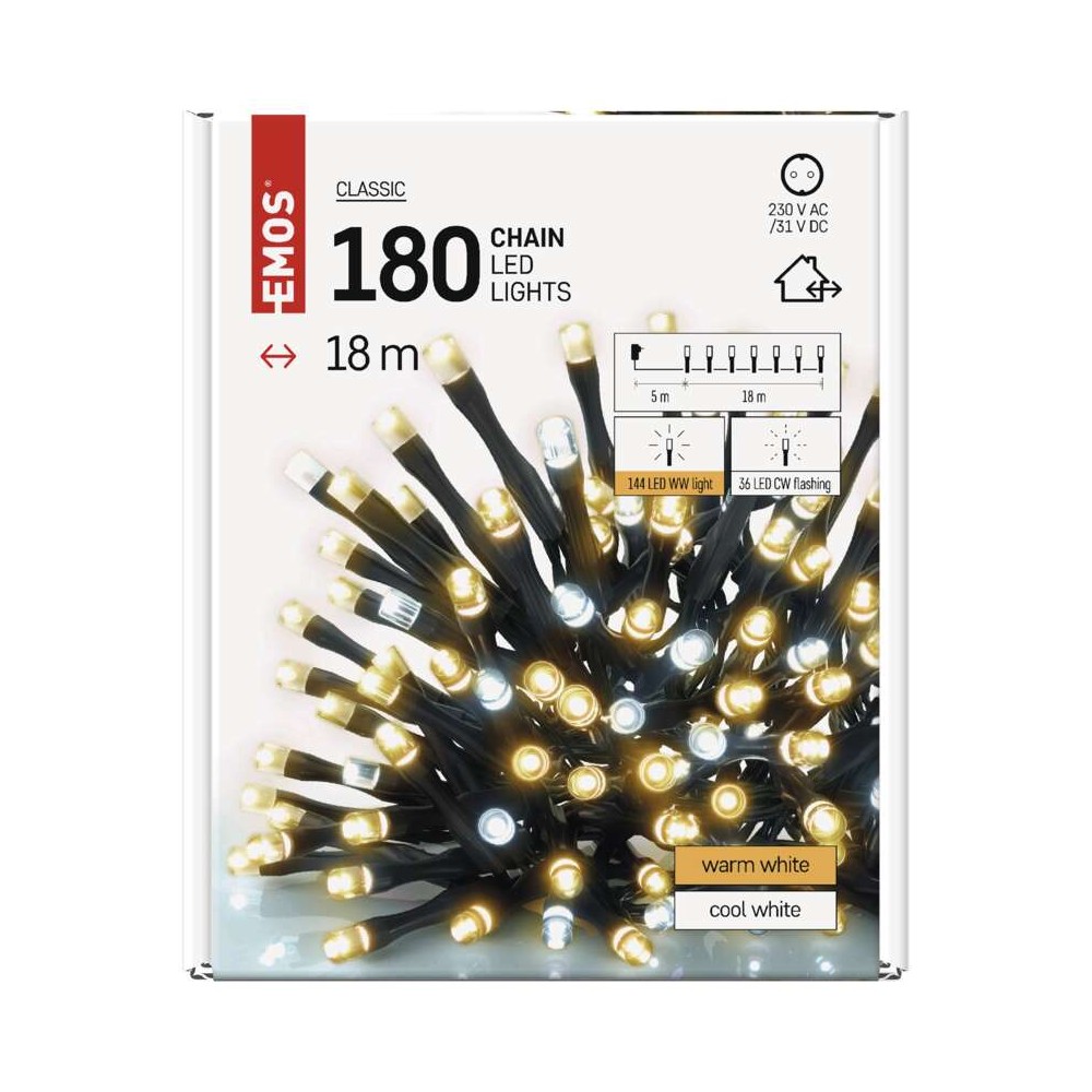 Catena Luminosa 180 LED: 144 caldi fissi e 36 freddi lampeggianti, 18m,  Timer, Esterno