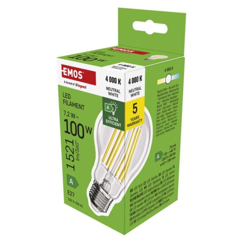 Lampadina LED Filamento E27 7.2W 4000K Classe A 212lm/W | EMOS ZF5168