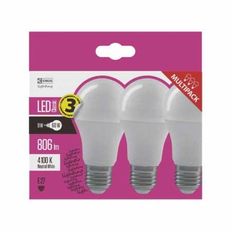 SET 3 LAMPADINE LED E27 8.5W (60W) 4100K 806LM GOCCIA EMOS ZQ5141.3